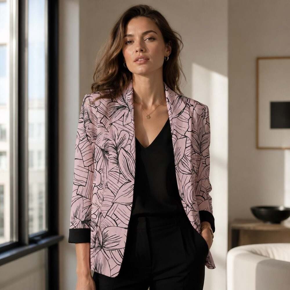 Perceptions New York Pink and Black Leaf Print Open Front Blazer #1574